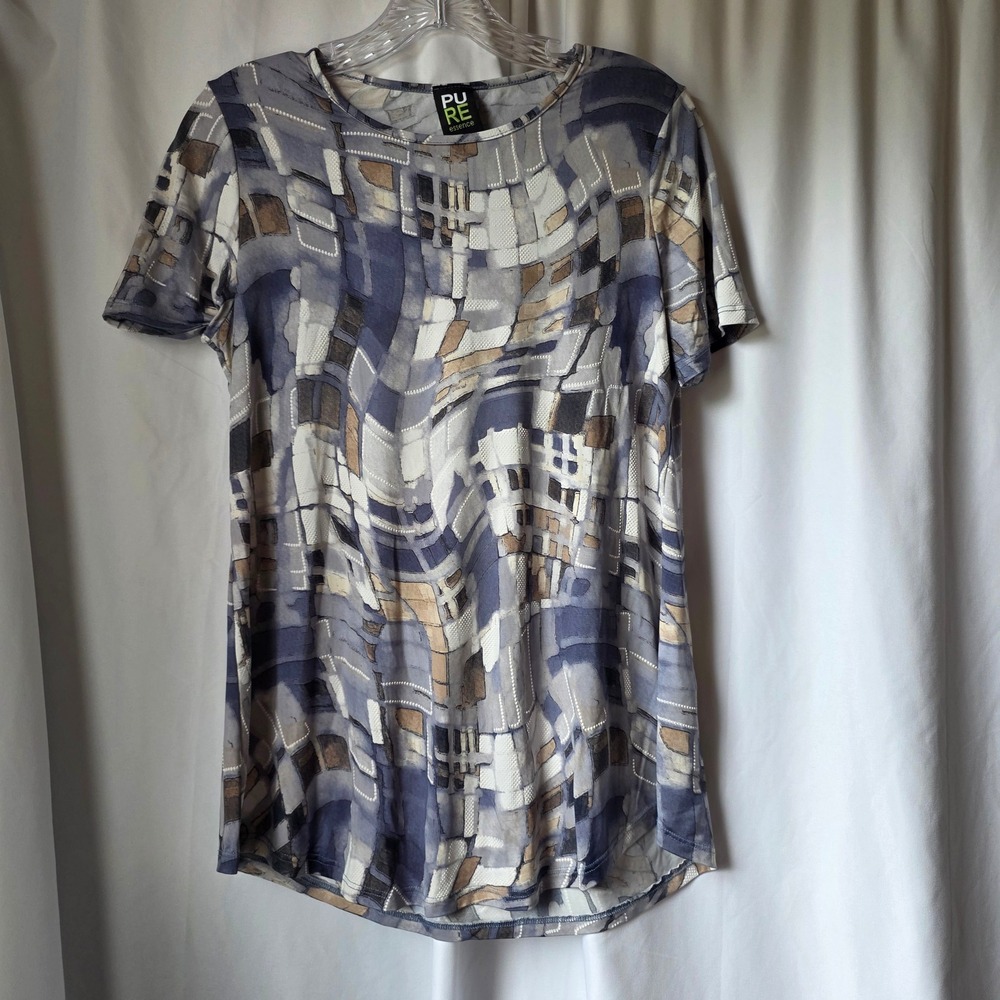 Pure Essence Abstract Geometric Print Short Sleeve Top Blue Grey Small 506-4770
